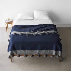 navy, modern, bed blanket, poms, grey
