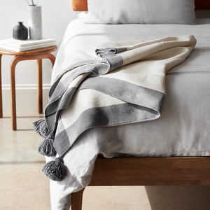 neutral, modern, throw, poms, cream, blanket