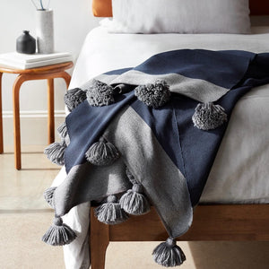 navy, modern, throw, poms, grey, blanket