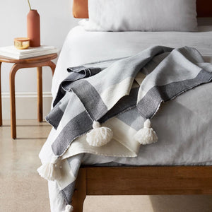 neutral, modern, throw, poms, cream, grey, blanket