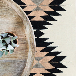 Overhead View of Handwoven Wool Rug in Blush and Grey
