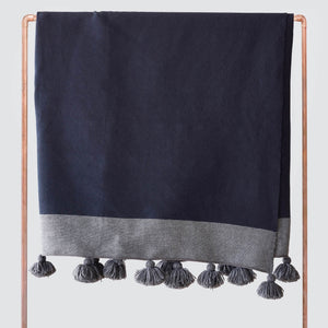 navy, modern, bed blanket, poms, grey