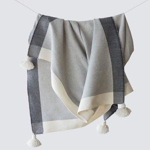 neutral, modern, throw, poms, cream, grey, blanket