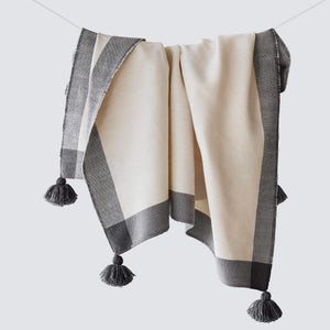neutral, modern, throw, poms, cream, blanket