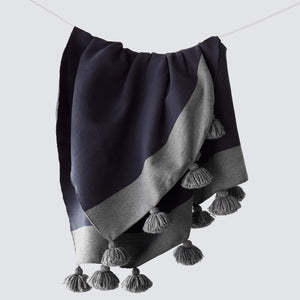 navy, modern, throw, poms, grey, blanket